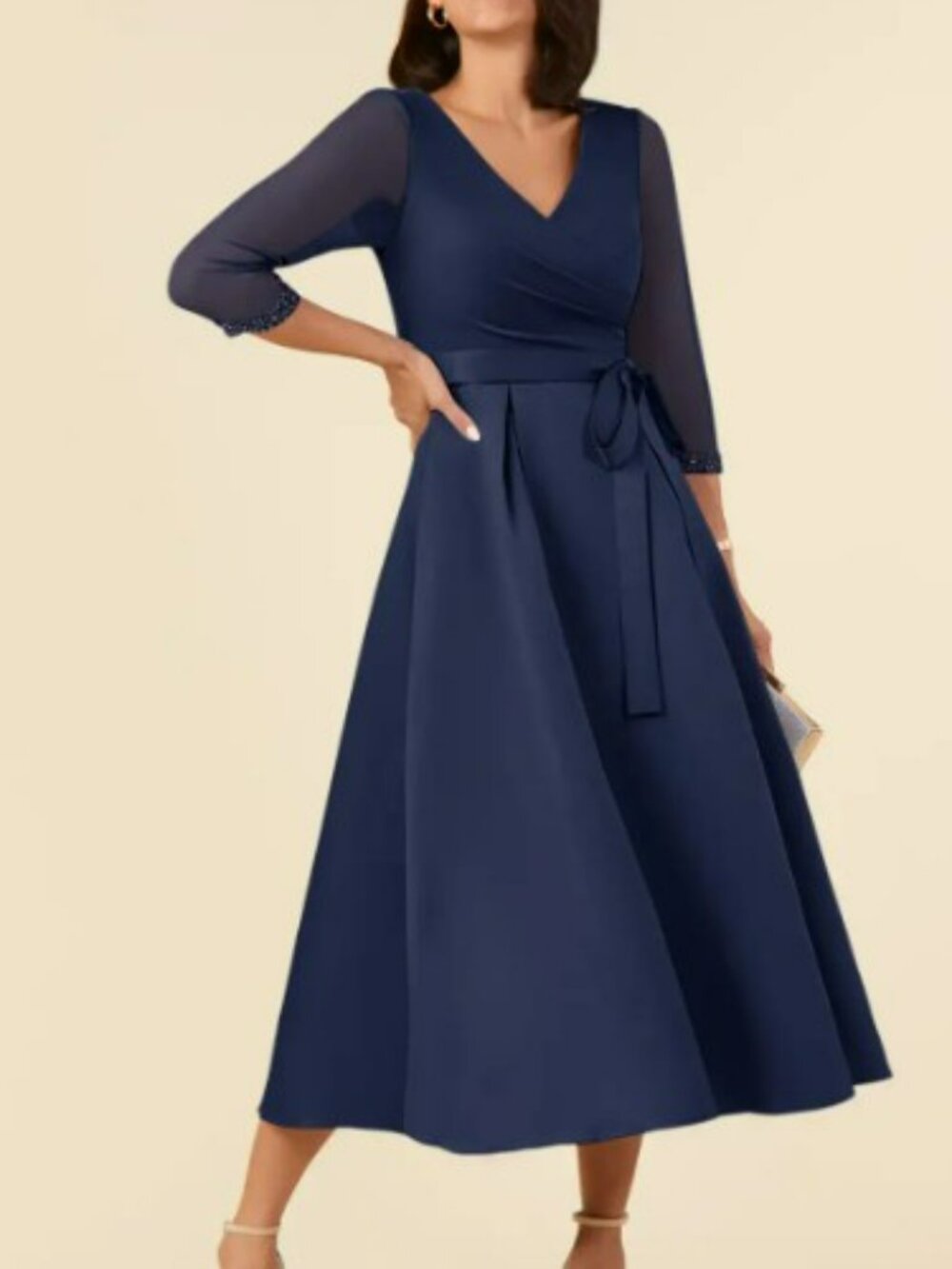 Azazie Maritza Stretch Dark Navy A-Line Pleated Matte Satin Dress | Size 8 - Picture 3 of 3